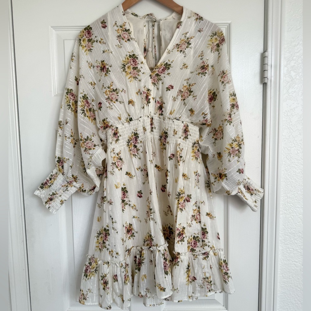 Lovestitch Floral Long Sleeve Cutout Arm Dress S Ivory Pink